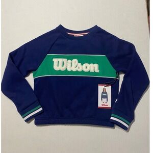 Wilson Girls Navy Blue Green Chenille Logo Crewneck Sweatshirt Size 8 NWT